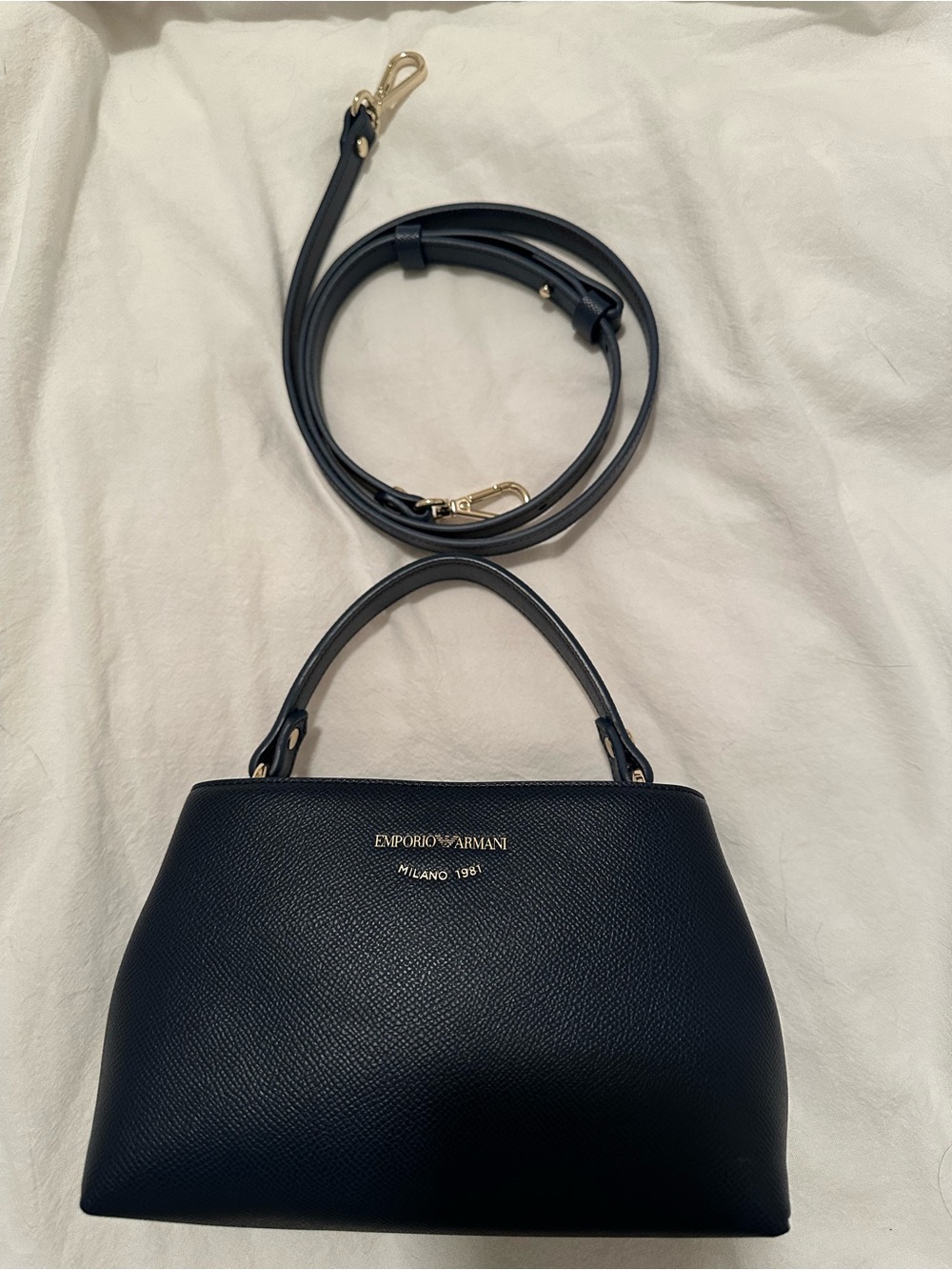 Emporio Armani Navy Pebbled Leather Satchel with Gold Accents